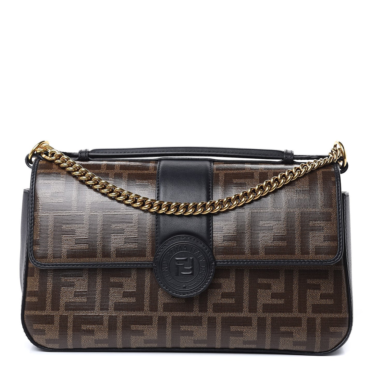 Vitello Grace Glazed Fabric FF 1974 Double F Shoulder Bag Black Mogano Panna