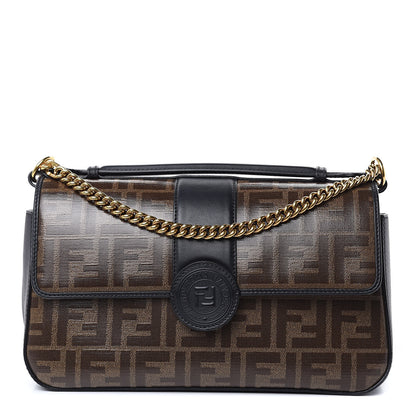 Fendi Vitello Grace Glazed Fabric FF 1974 Double F Shoulder Bag Black Mogano Panna 1 of 10