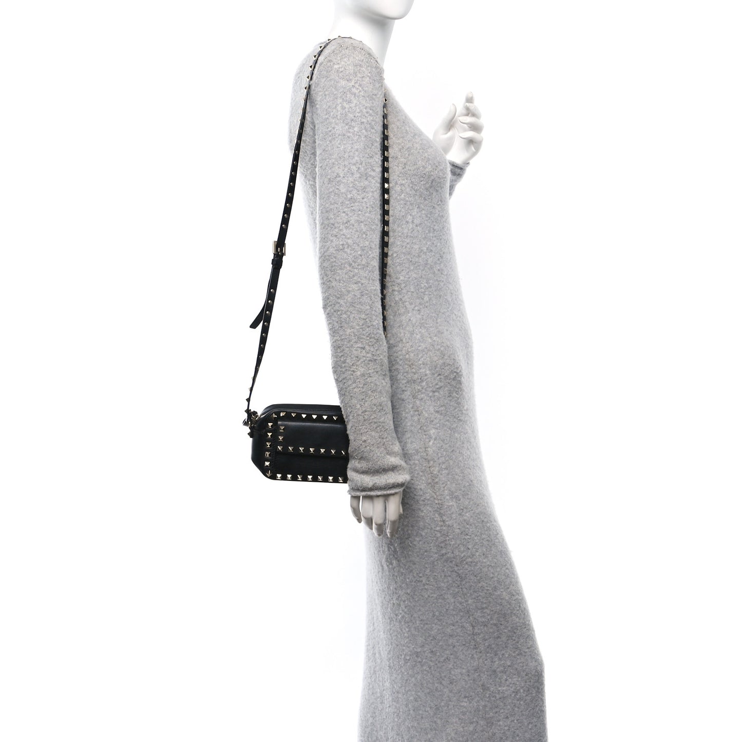 Grained Calfskin Small Rockstud Flap Pocket Camera Crossbody Bag Black