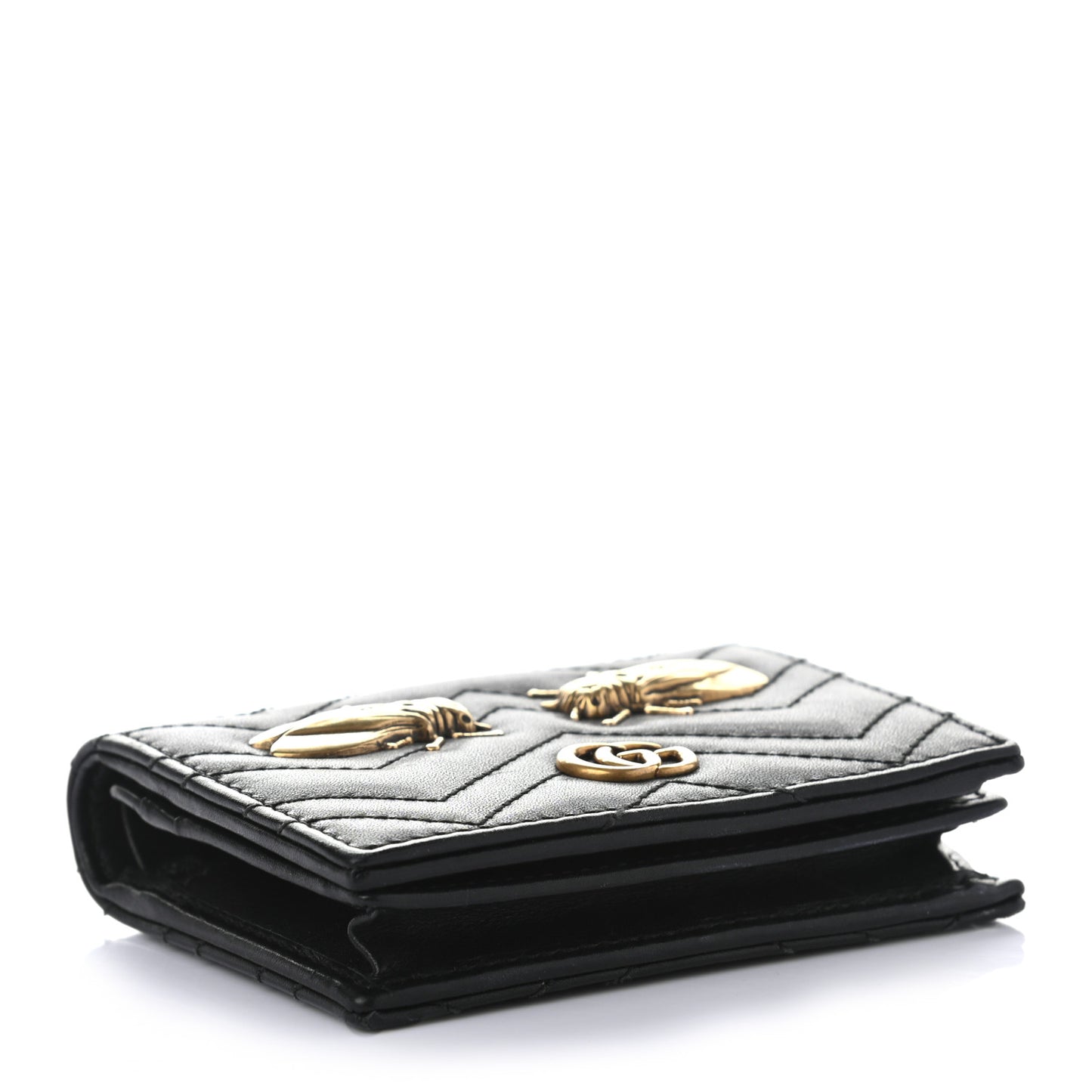 Calfskin Matelasse Cicada Stud GG Marmont Card Case Wallet Black