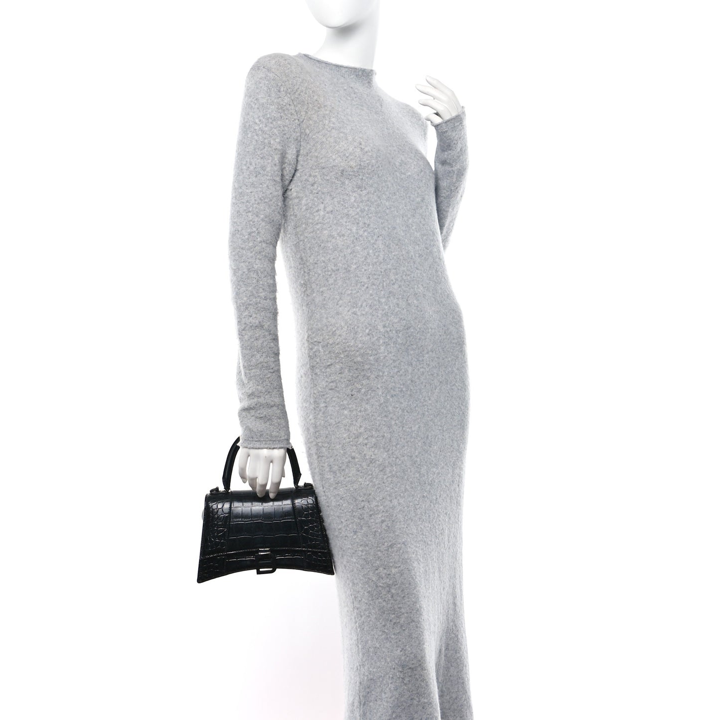 Shiny Calfskin Monochrome Crocodile Embossed Small Hourglass Top Handle Bag Black