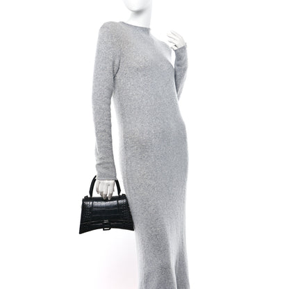 Balenciaga Shiny Calfskin Monochrome Crocodile Embossed Small Hourglass Top Handle Bag Black 2 of 16