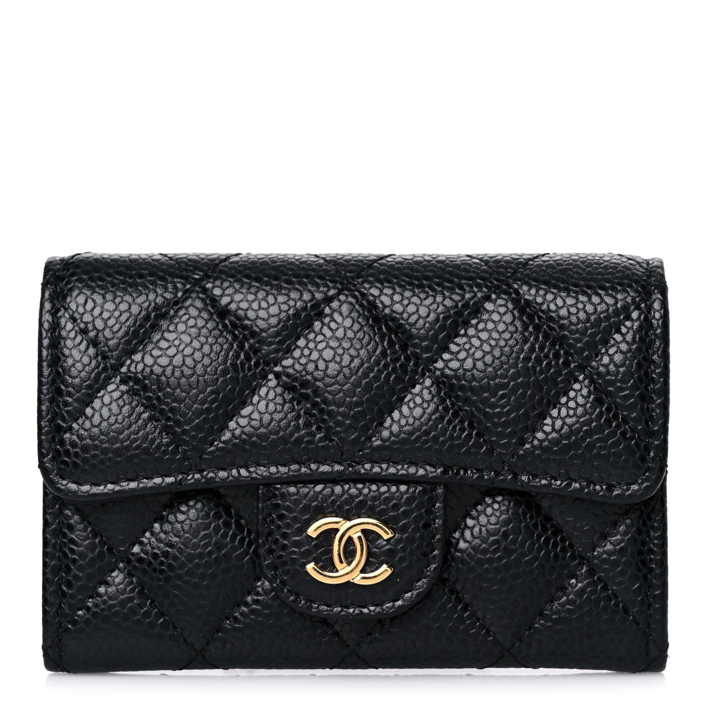 Caviar Quilted Flap Card Holder Wallet Black