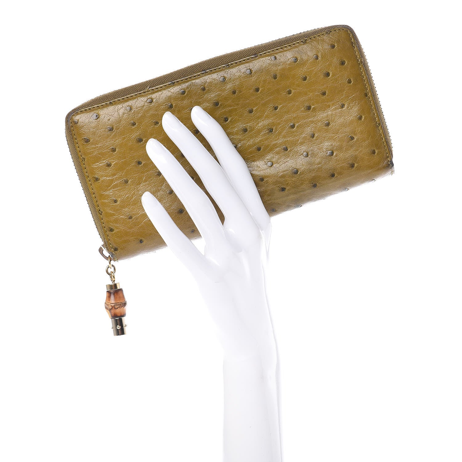 Gucci Ostrich Bamboo Zip Around Wallet Green 2 of 13