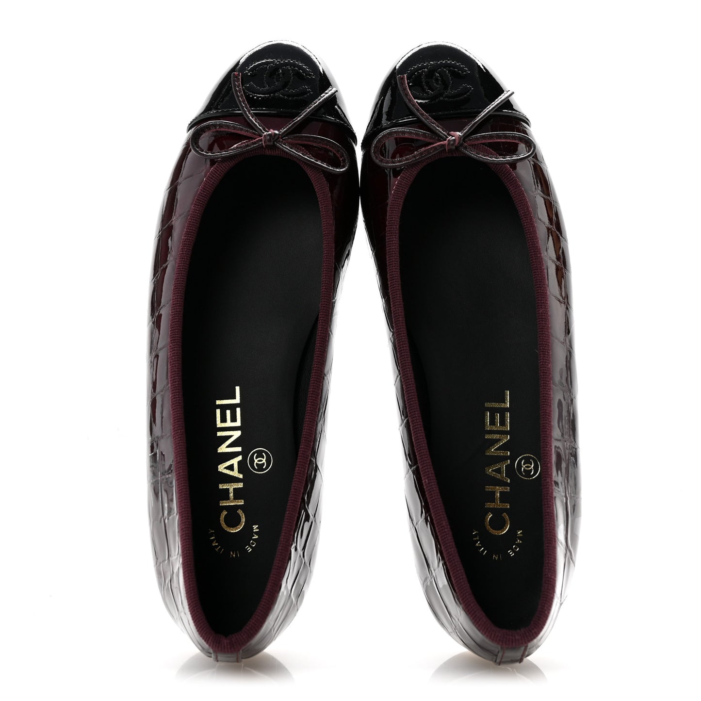 Patent Calfskin Crocodile Embossed Cap Toe CC Ballerina Flats 36.5 Dark Burgundy Black