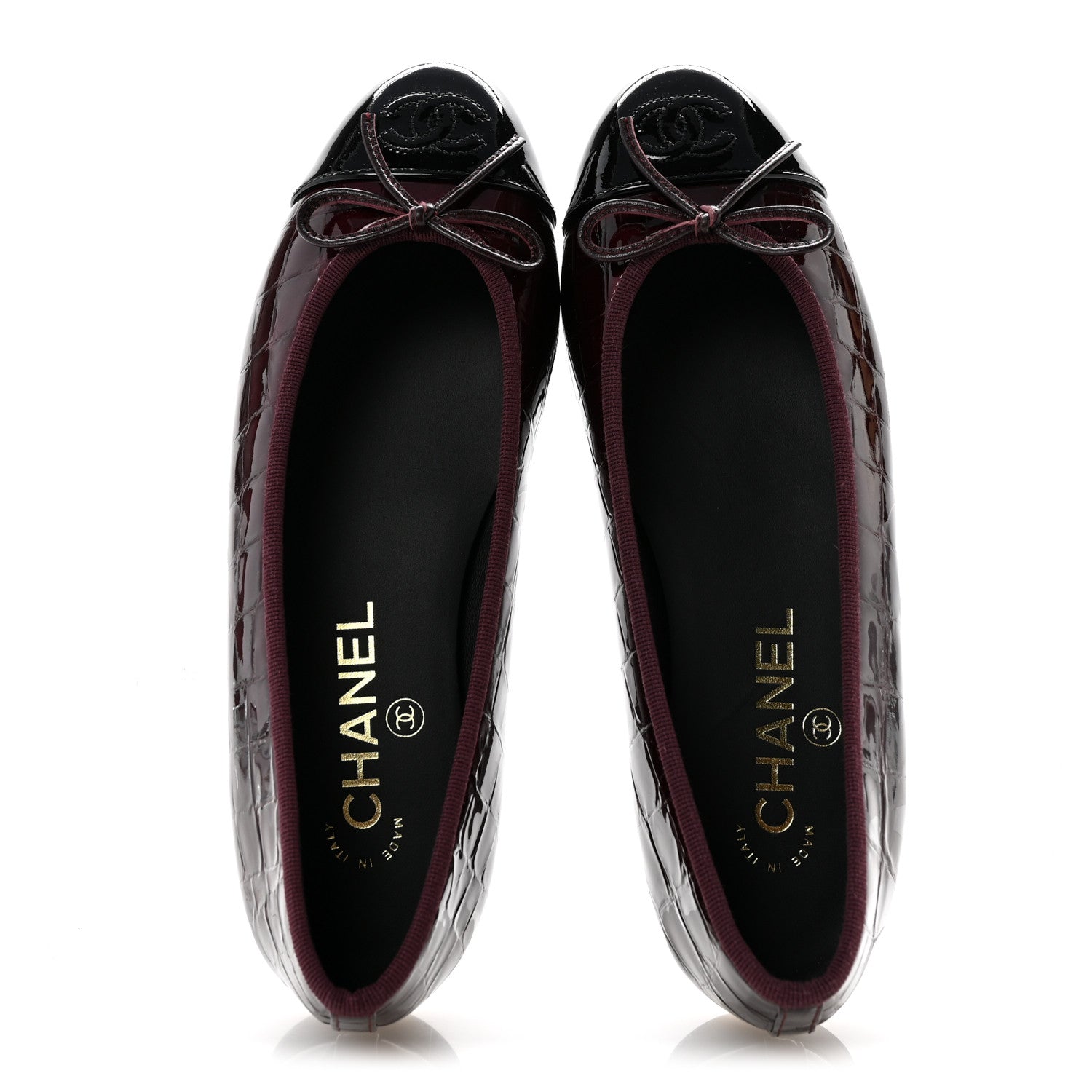 Chanel Patent Calfskin Crocodile Embossed Cap Toe CC Ballerina Flats 36.5 Dark Burgundy Black 2 of 10