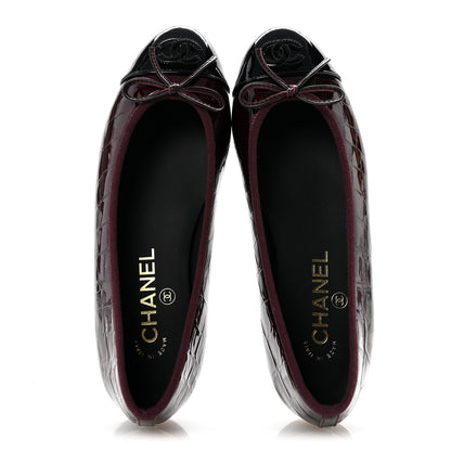 Chanel Patent Calfskin Crocodile Embossed Cap Toe CC Ballerina Flats 36.5 Dark Burgundy Black 2 of 10