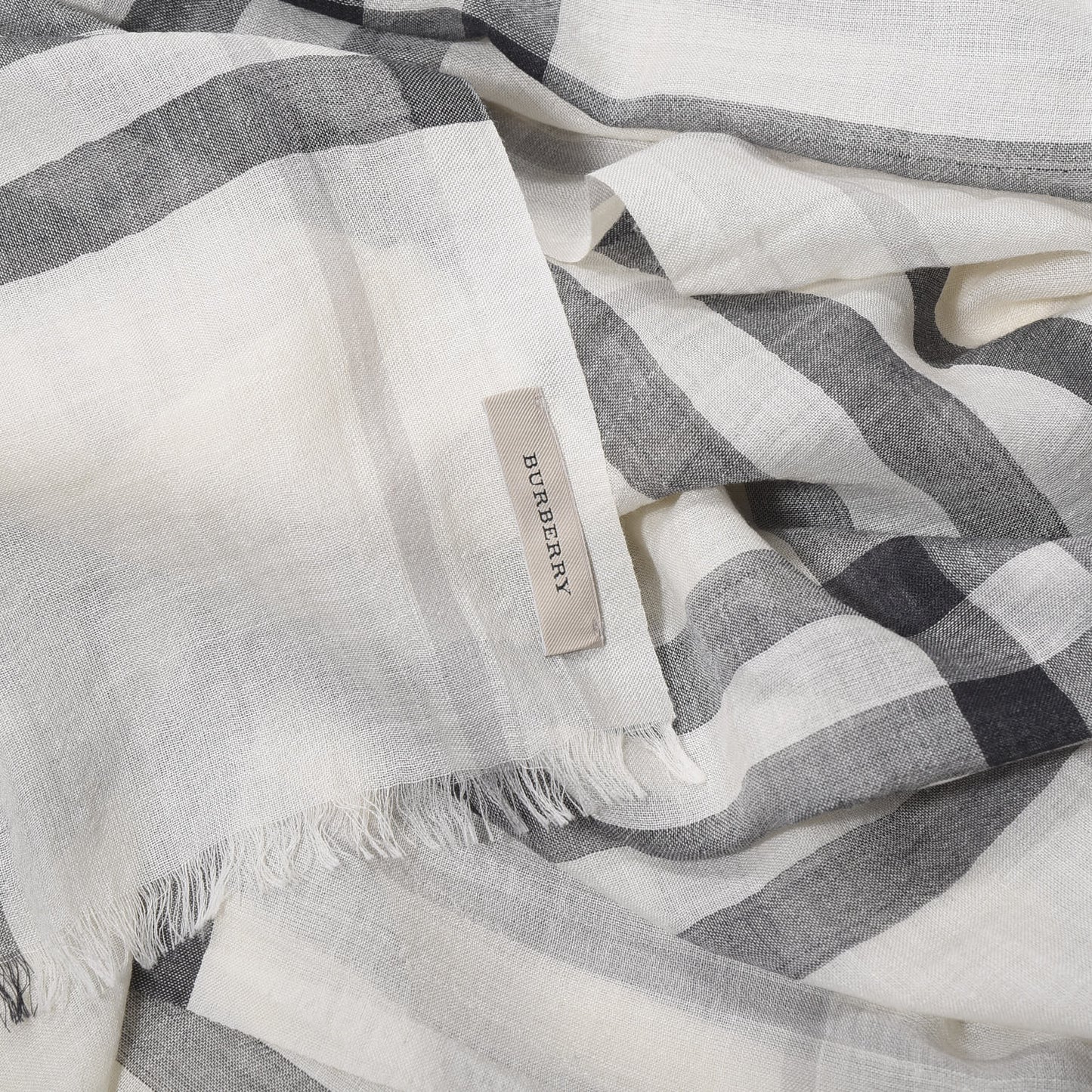 Wool Silk Gauze Giant Check Lightweight Scarf Natural White
