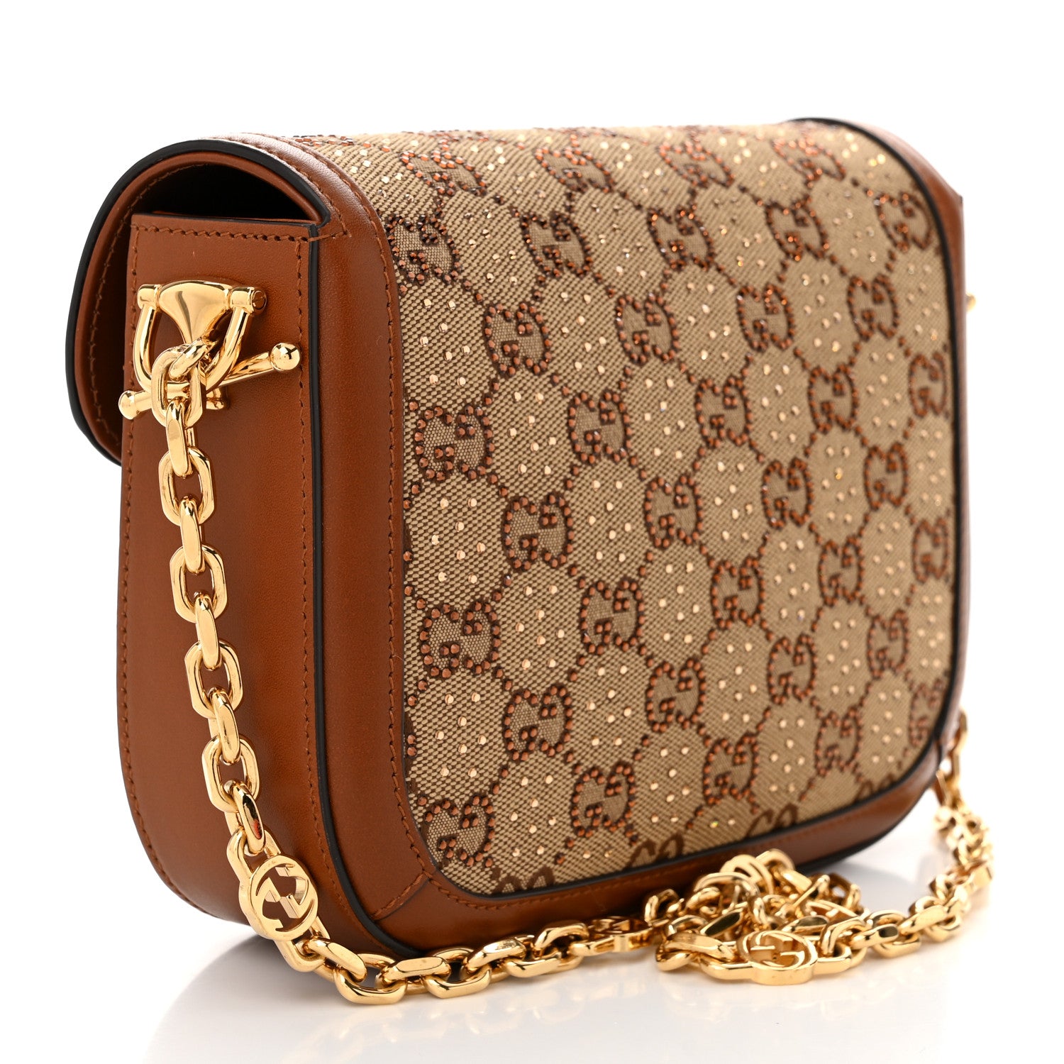 Gucci New Canvas Charisma Calfskin Crystal GG Monogram Mini Horsebit 1955 Shoulder Bag Camel Ebony 3 of 10