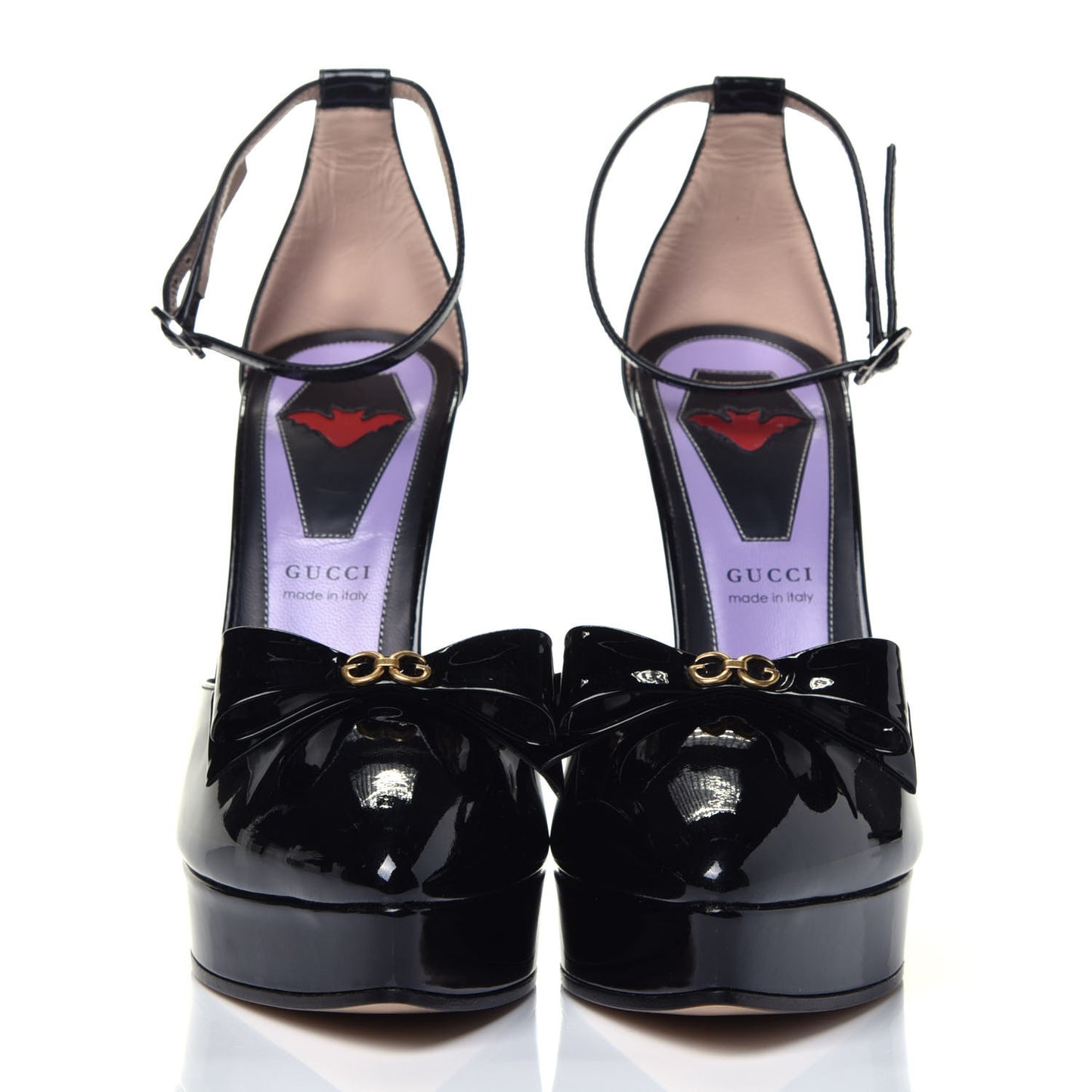 Patent Crystal GG Bow Sadie Spike Ankle Strap d'Orsay Platform High Heel Pumps 39 Black