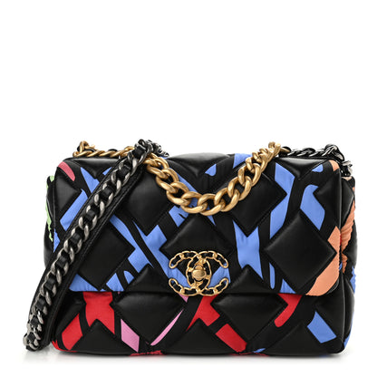 Chanel Lambskin Printed Fabric Medium Chanel 19 Flap Black Multicolor 1 of 11