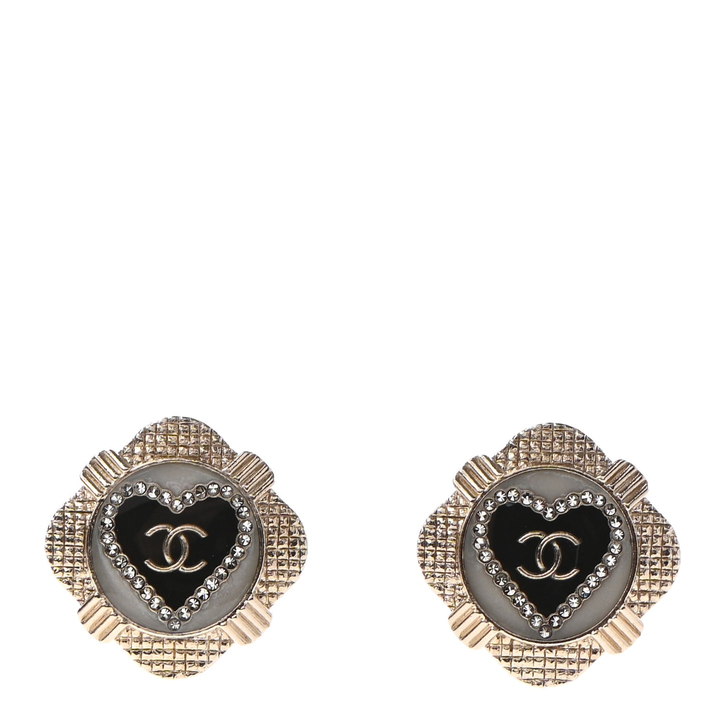 Resin Crystal Quilted CC Heart Earrings Gold Black