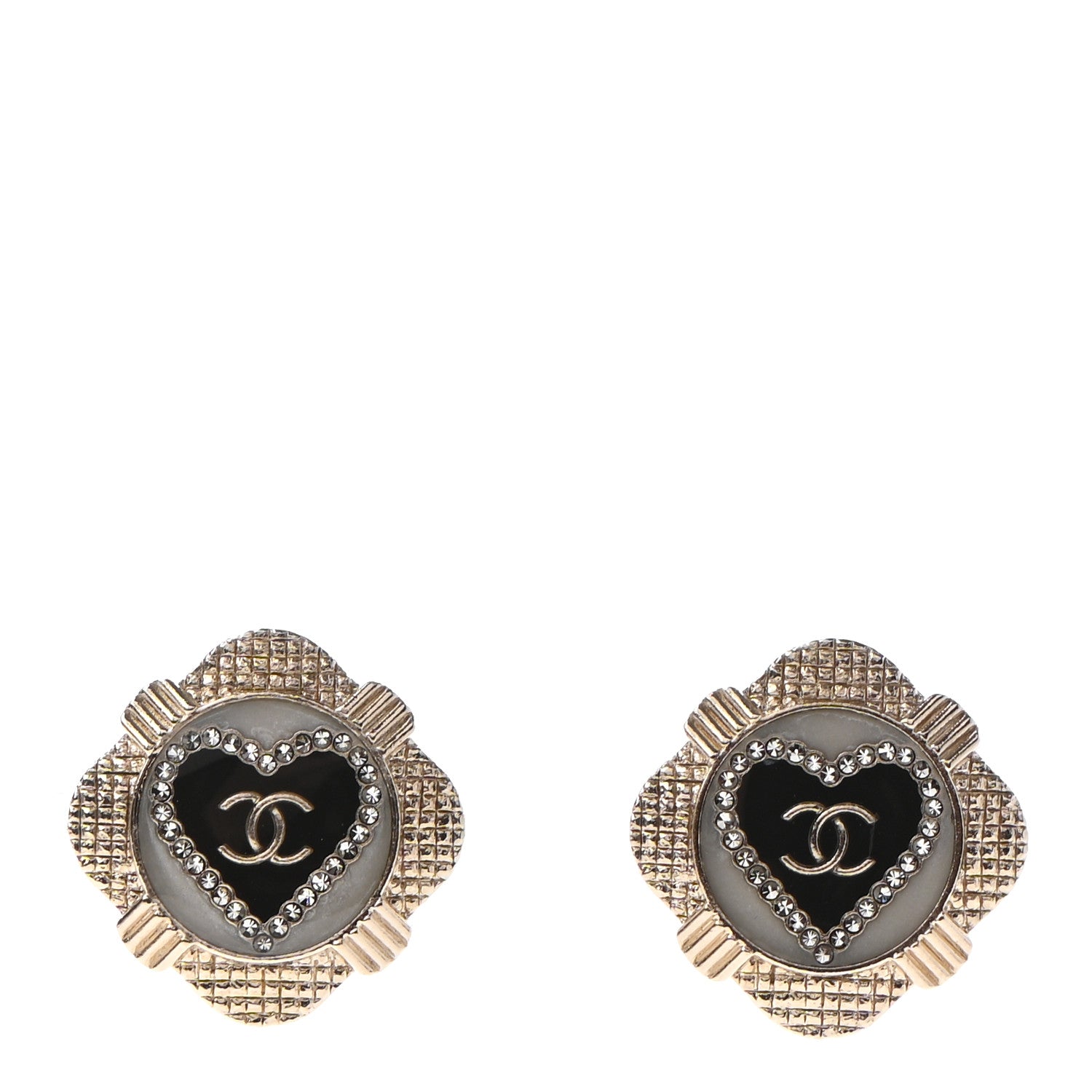 Chanel Resin Crystal Quilted CC Heart Earrings Gold Black 1 of 4