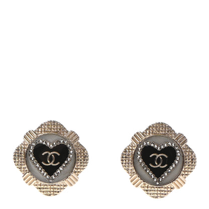 Chanel Resin Crystal Quilted CC Heart Earrings Gold Black 1 of 4