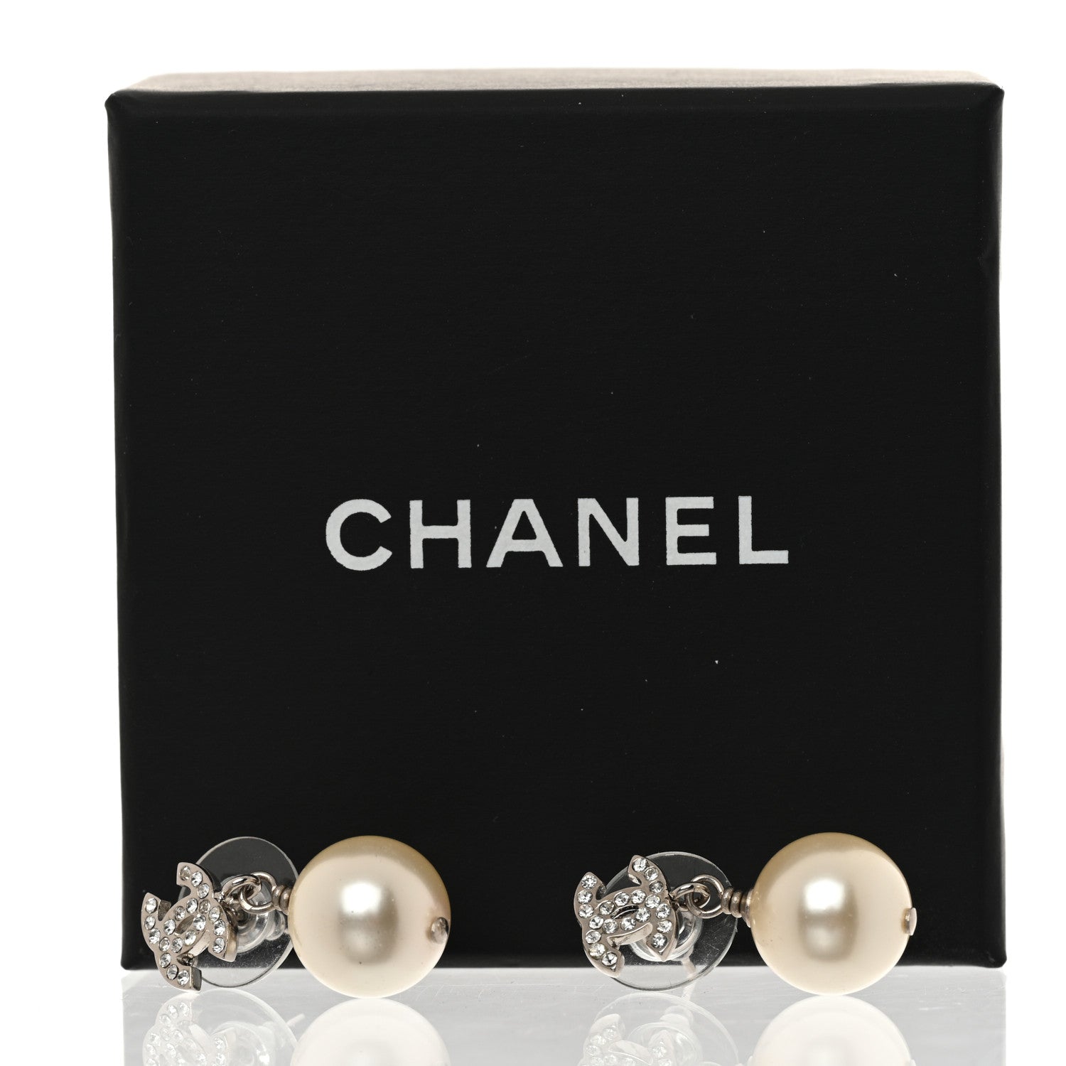 Chanel Crystal Pearl CC Drop Earrings Silver Pearly White 5 of 5