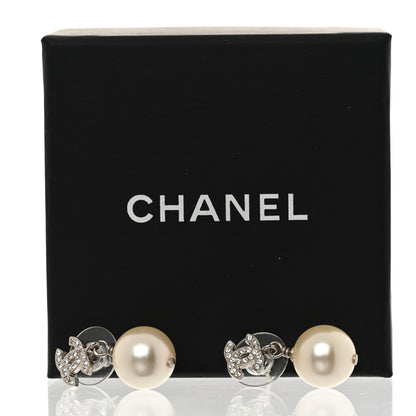 Chanel Crystal Pearl CC Drop Earrings Silver Pearly White 5 of 5