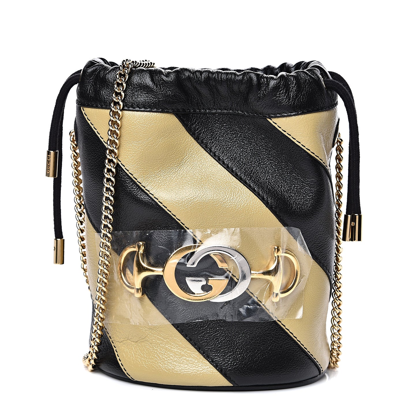 Calfskin Diagonal Striped Mini Zumi Bucket Bag Black Beige