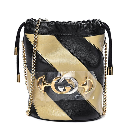 Gucci Calfskin Diagonal Striped Mini Zumi Bucket Bag Black Beige 1 of 7