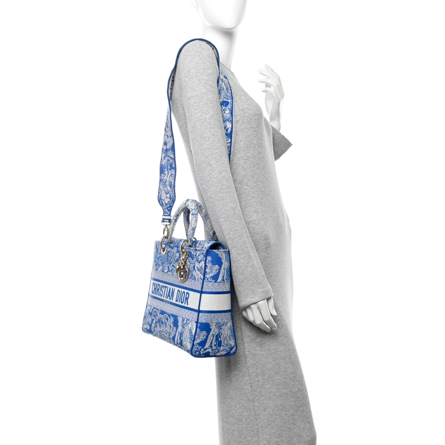 Christian Dior Toile de Jouy Embroidered Large Lady D-Lite Fluorescent Blue 2 of 14