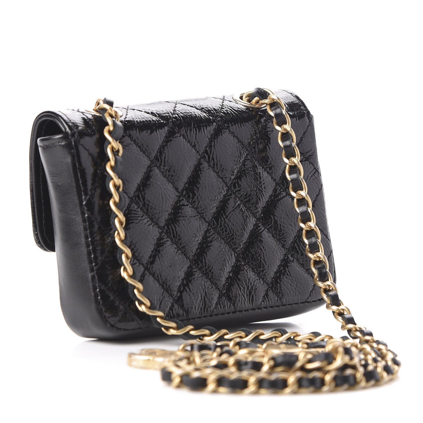 Shiny Aged Calfskin Quilted Waist Belt Bag Black