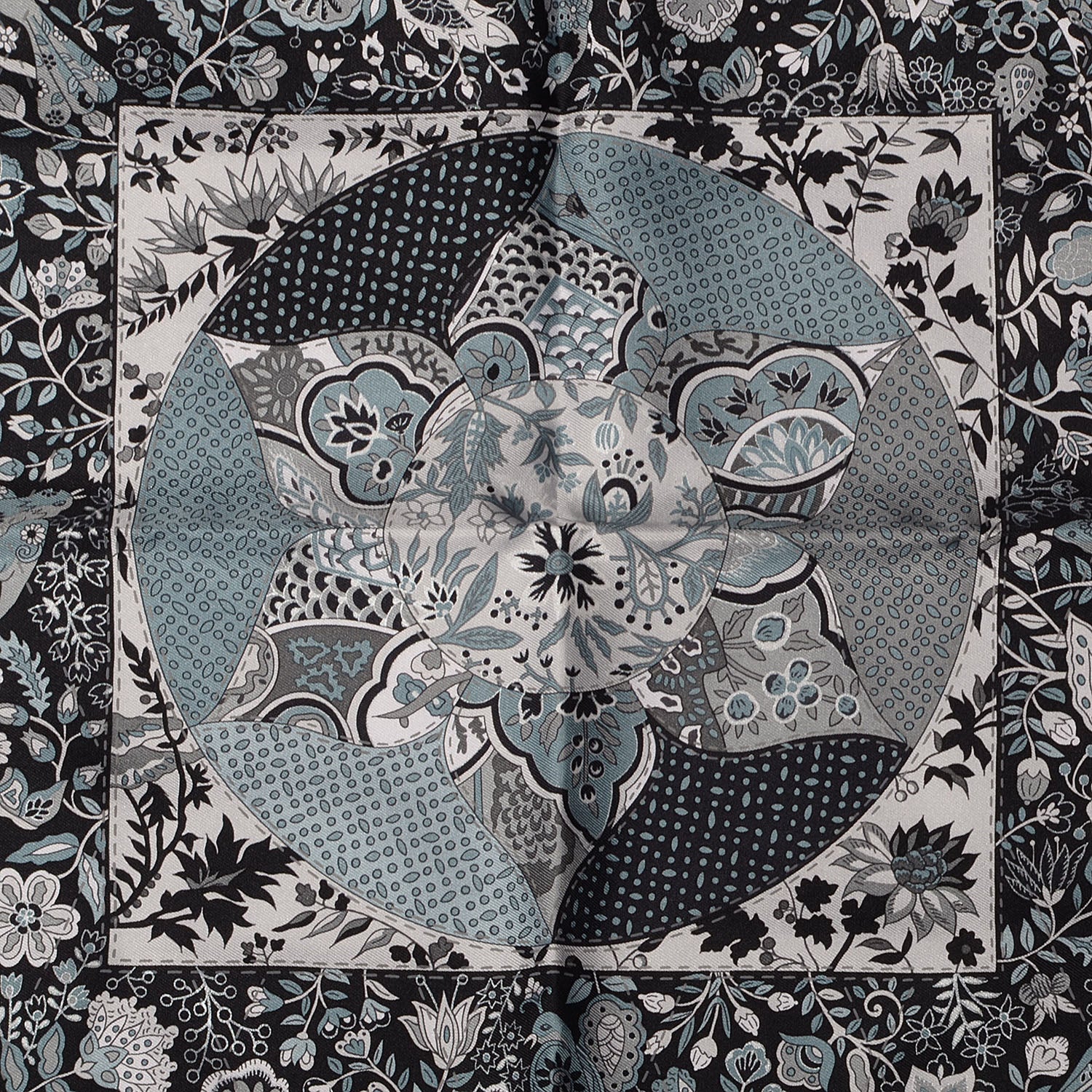 Hermes Silk Pique Fleuri De Provence Pocket Square 45 Scarf Capucine Anthracite Noir 1 of 5