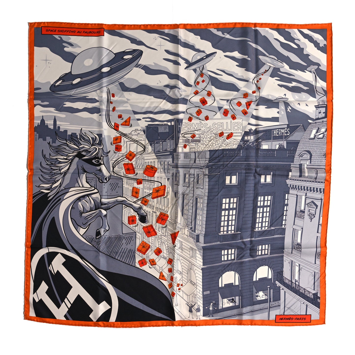 Silk Space Shopping Au Faubourg Scarf 90 Gris Black Orange