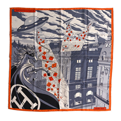 Hermes Silk Space Shopping Au Faubourg Scarf 90 Gris Black Orange 1 of 3
