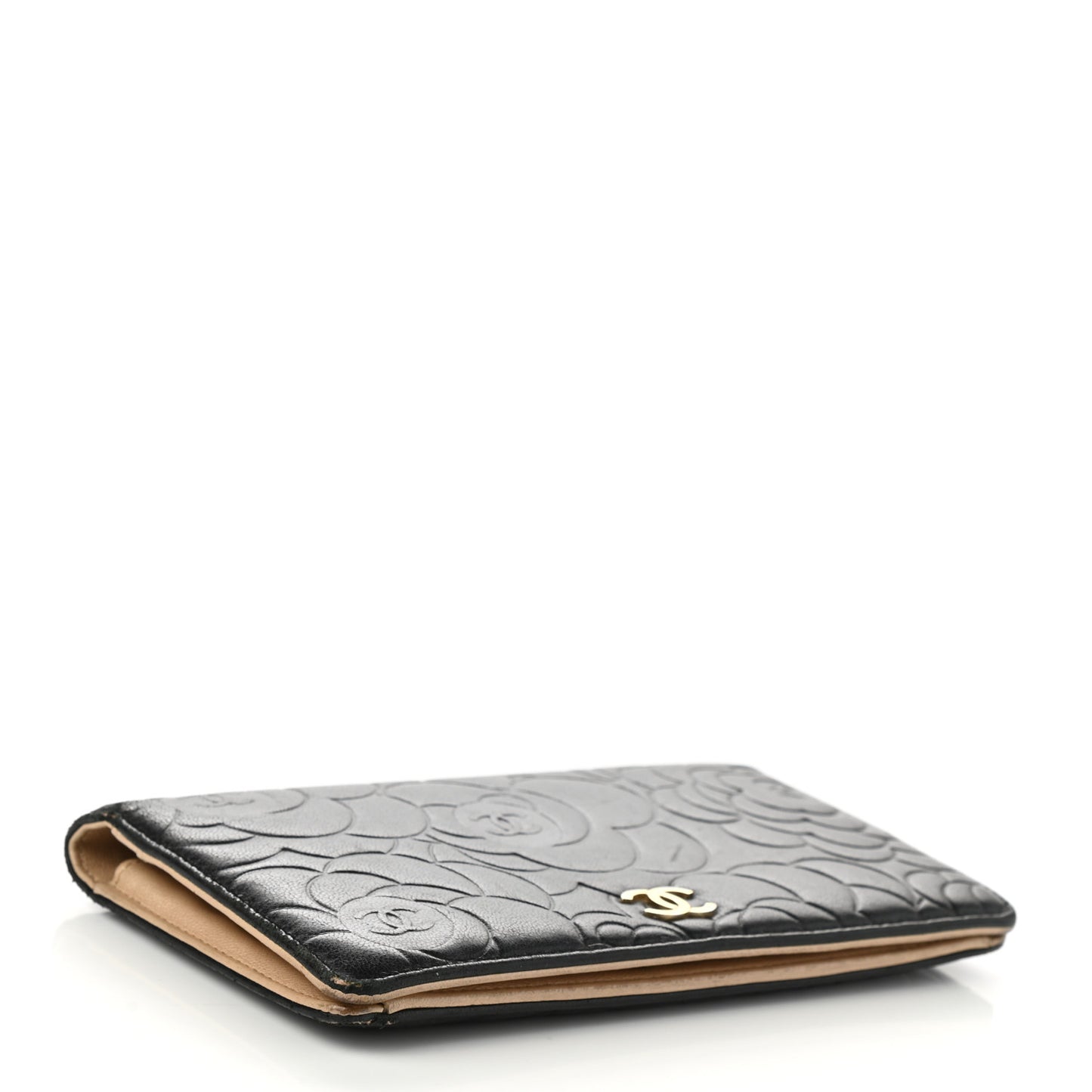 Lambskin Camellia Embossed Yen Wallet Black Beige