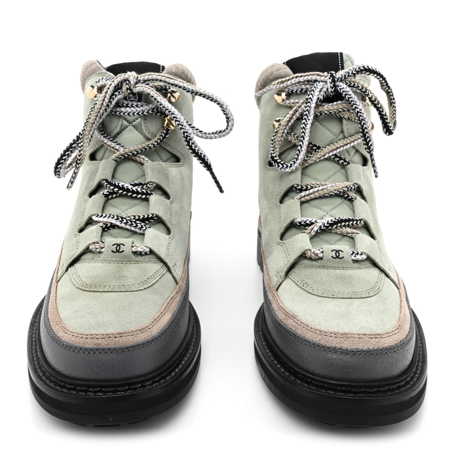 Suede Grained Calfskin CC Lace Up Boots 41 Light Green Dark Beige Gray