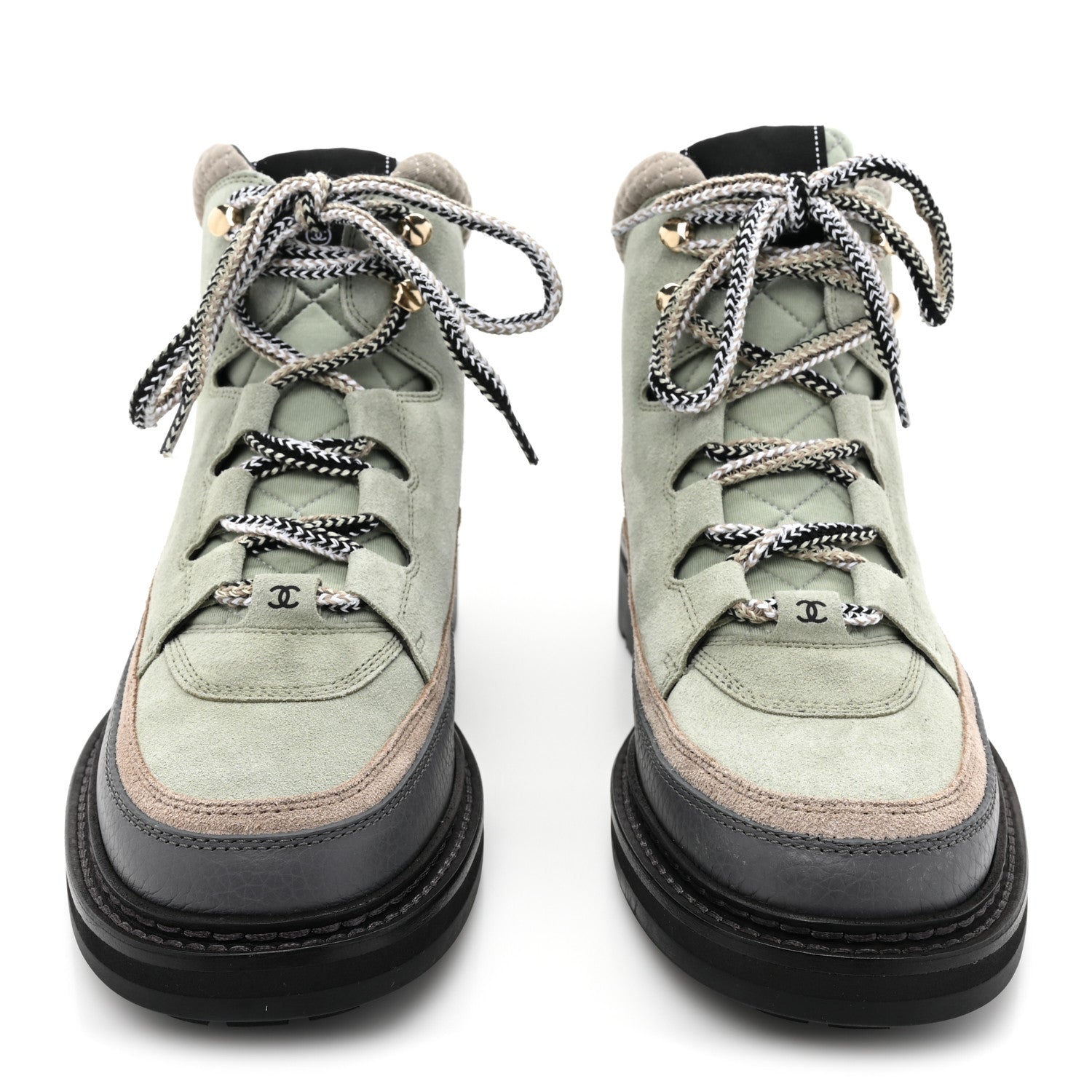 Chanel Suede Grained Calfskin CC Lace Up Boots 41 Light Green Dark Beige Gray 2 of 8