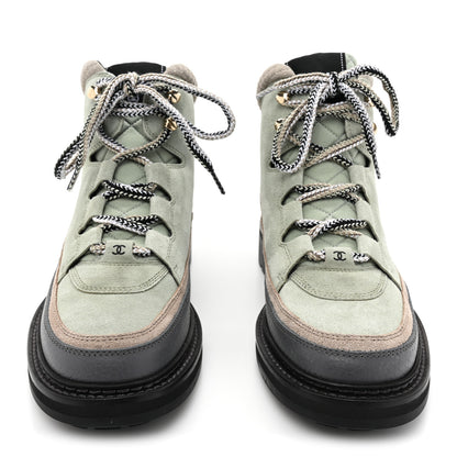 Chanel Suede Grained Calfskin CC Lace Up Boots 41 Light Green Dark Beige Gray 2 of 8