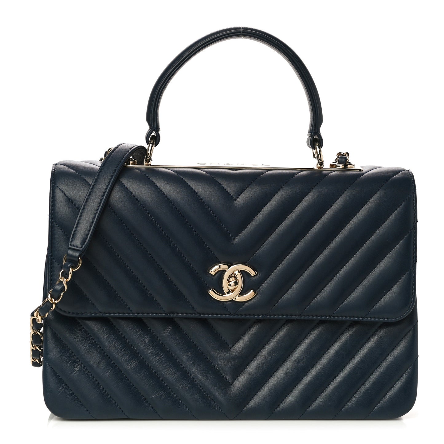 Lambskin Chevron Quilted Medium Trendy CC Dual Handle Flap Bag Navy