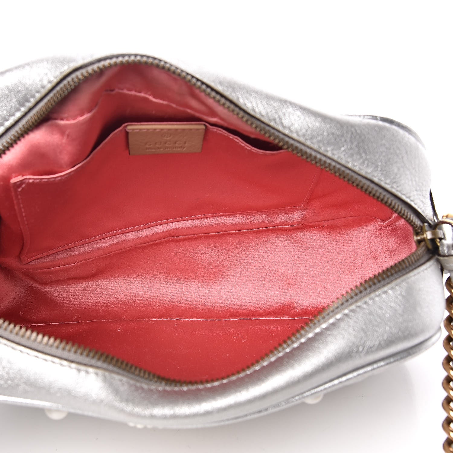 Gucci Metallic Calfskin Matelasse Studded Small Pearly GG Marmont Chain Shoulder Bag Silver 5 of 18