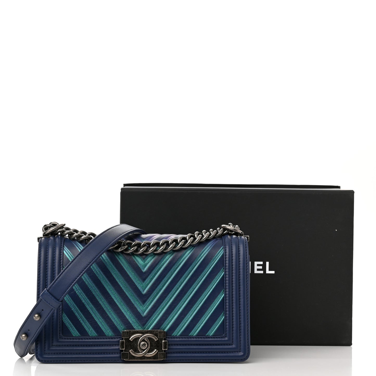 Calfskin Painted Chevron Embossed Medium Boy Flap Navy