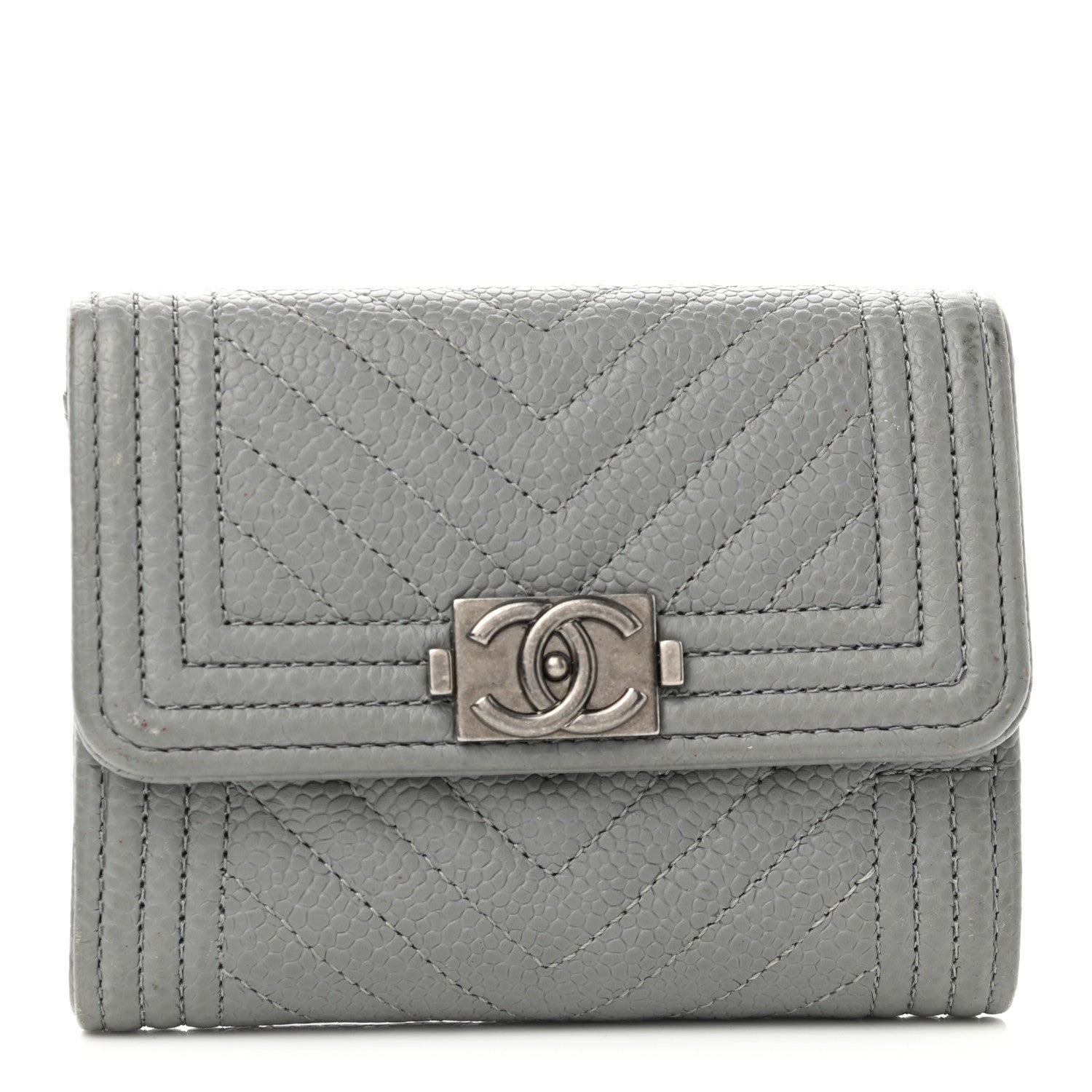 Chanel Caviar Chevron Quilted Boy Flap Card Holder Grey 1 of 9