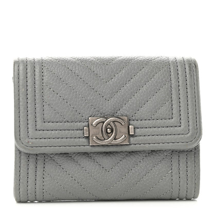 Chanel Caviar Chevron Quilted Boy Flap Card Holder Grey 1 of 9