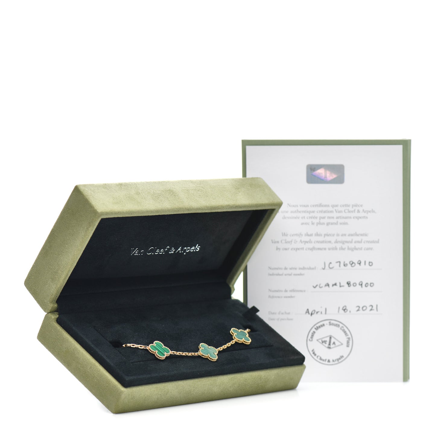 18K Yellow Gold Malachite 5 Motifs Vintage Alhambra Bracelet