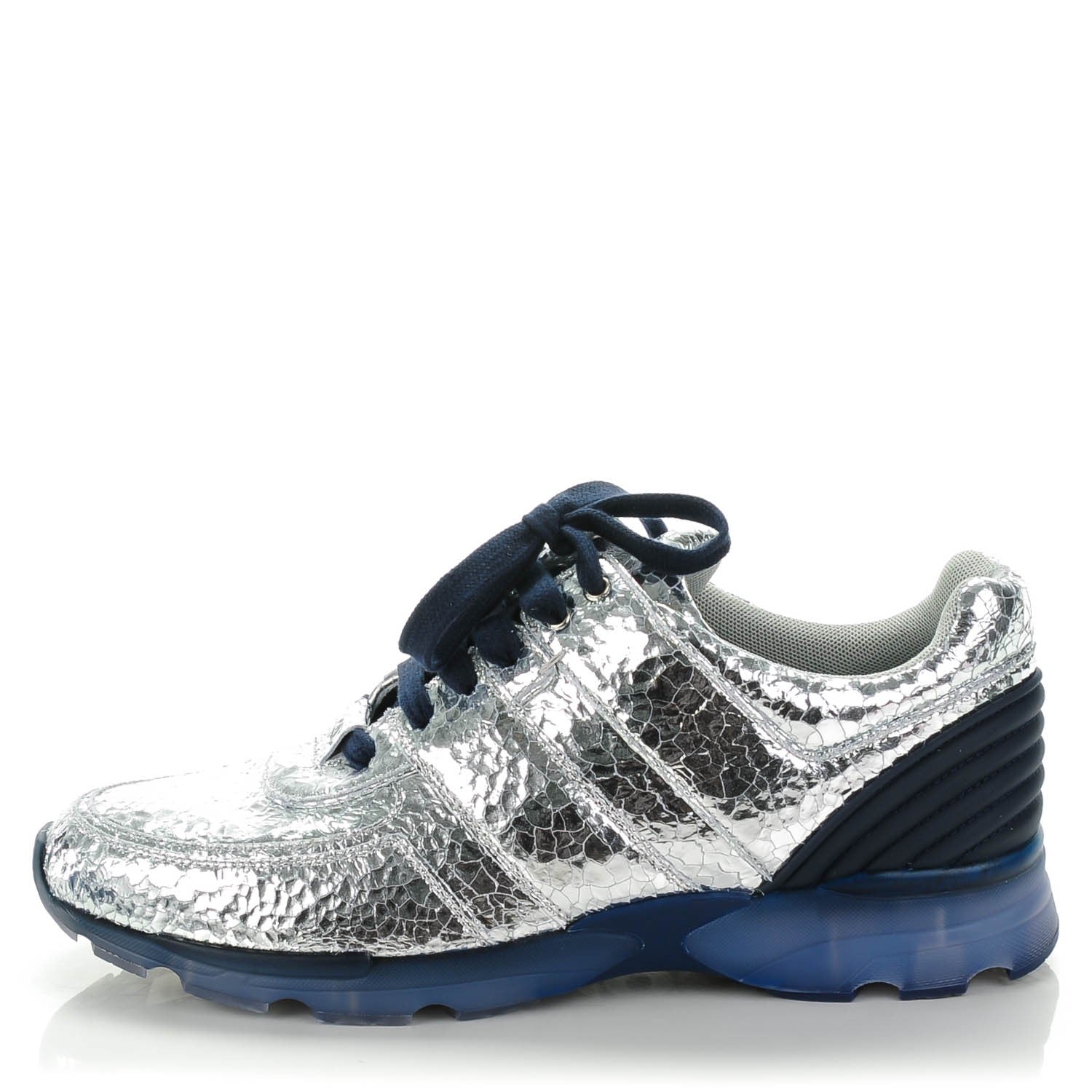 Chanel Metallic Crackled Calfskin CC Sneakers 42 Silver Black Navy 1 of 8