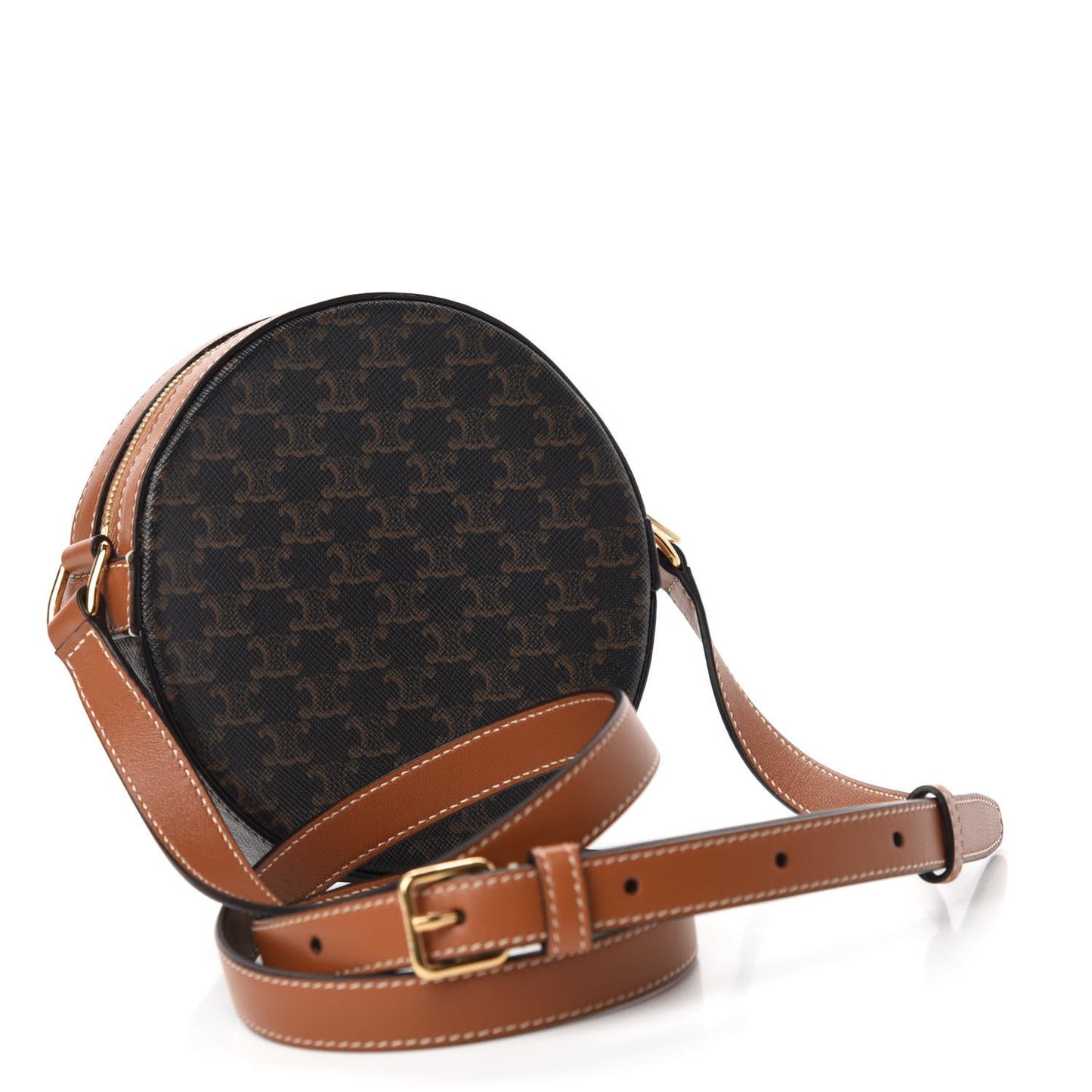 Lambskin Triomphe Canvas Round Purse On Strap Black Tan