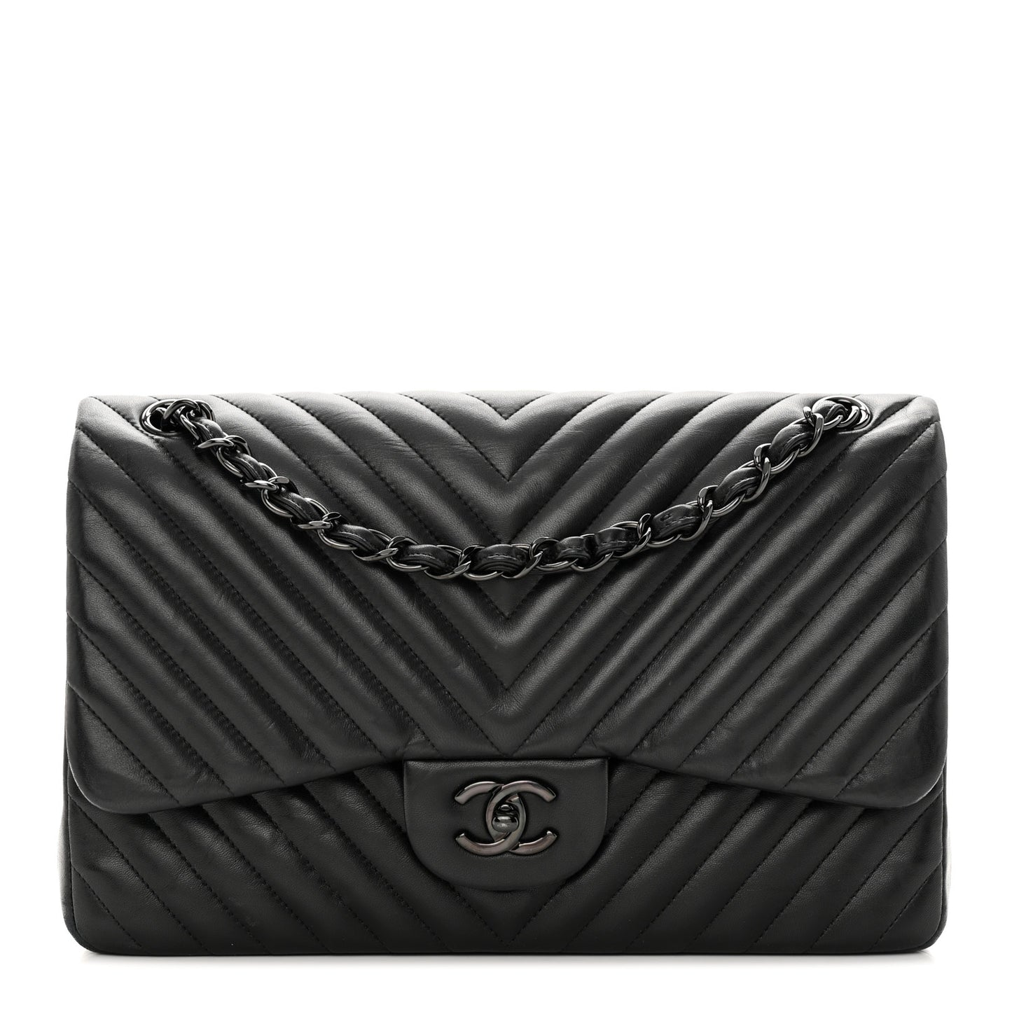 Lambskin Chevron Quilted Jumbo Double Flap So Black