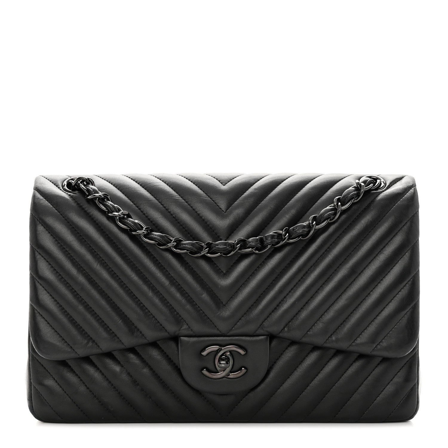 Chanel Lambskin Chevron Quilted Jumbo Double Flap So Black 1 of 19
