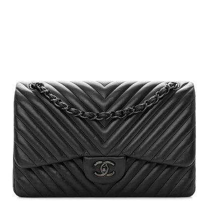 Chanel Lambskin Chevron Quilted Jumbo Double Flap So Black 1 of 19