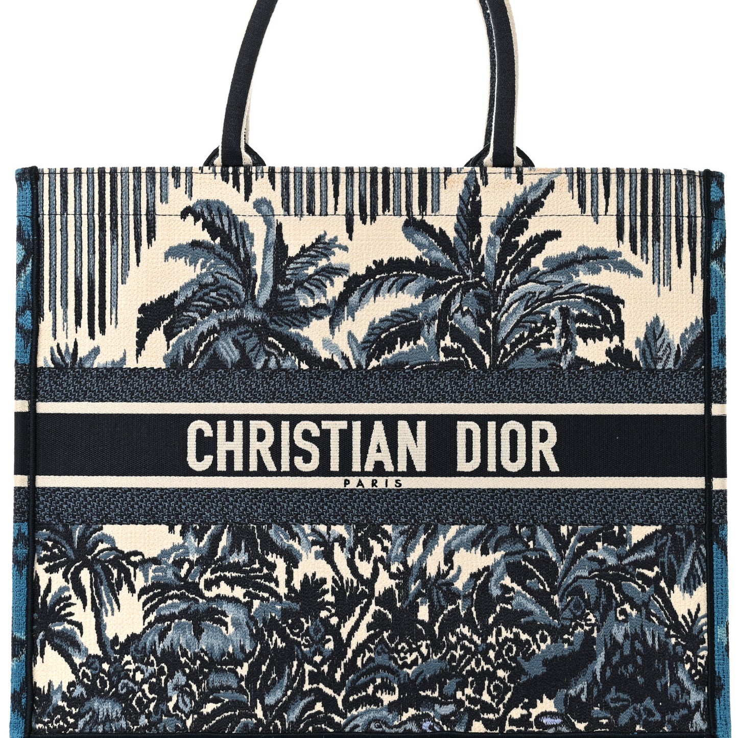 Canvas Embroidered Large Palm Tree Toile De Jouy Book Tote Blue Multicolor