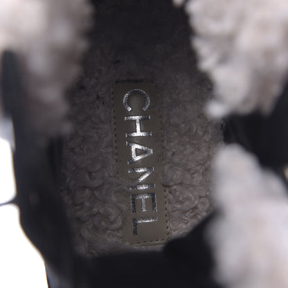 Chanel Calfskin Patent Fabric Lace Up Cap Toe CC Boots 39.5 Black Ivory 7 of 9