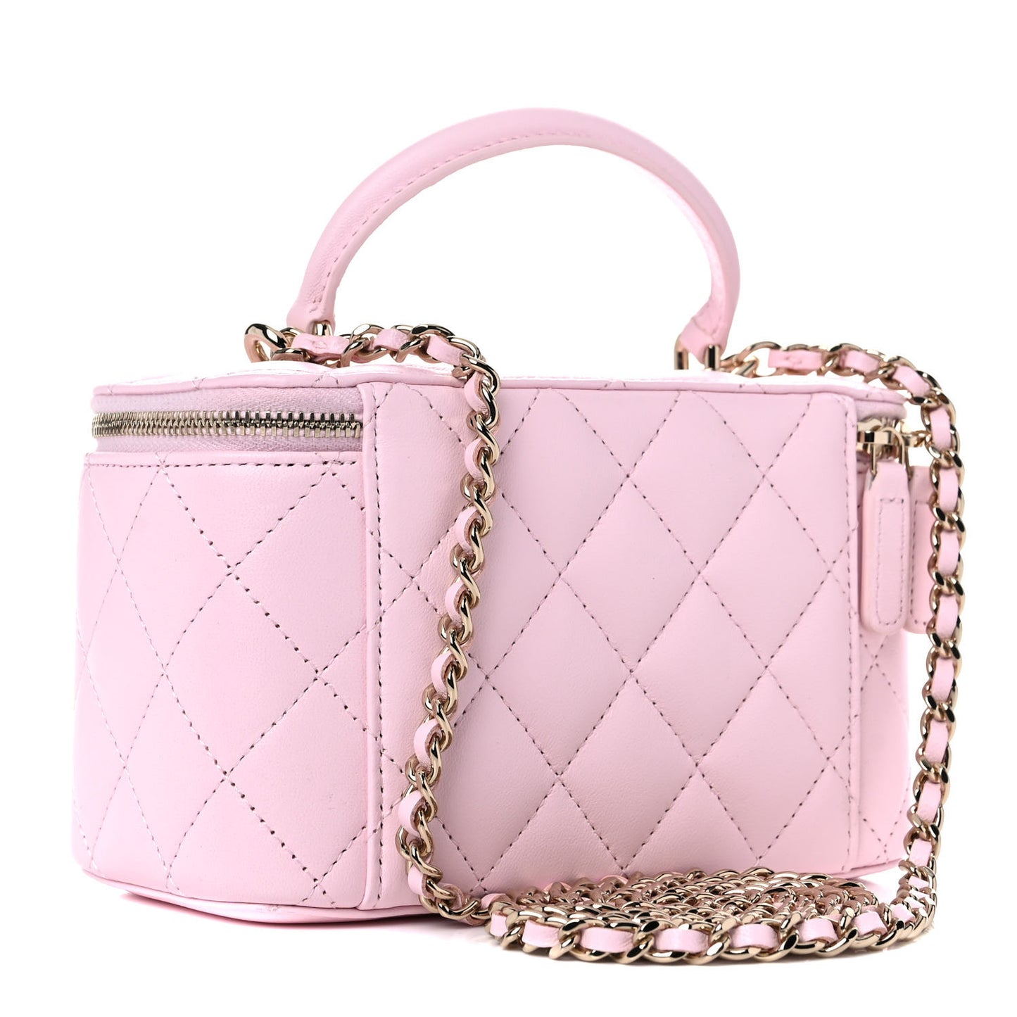 Lambskin Quilted Small Top Handle Vanity Case With Chain Light Pink