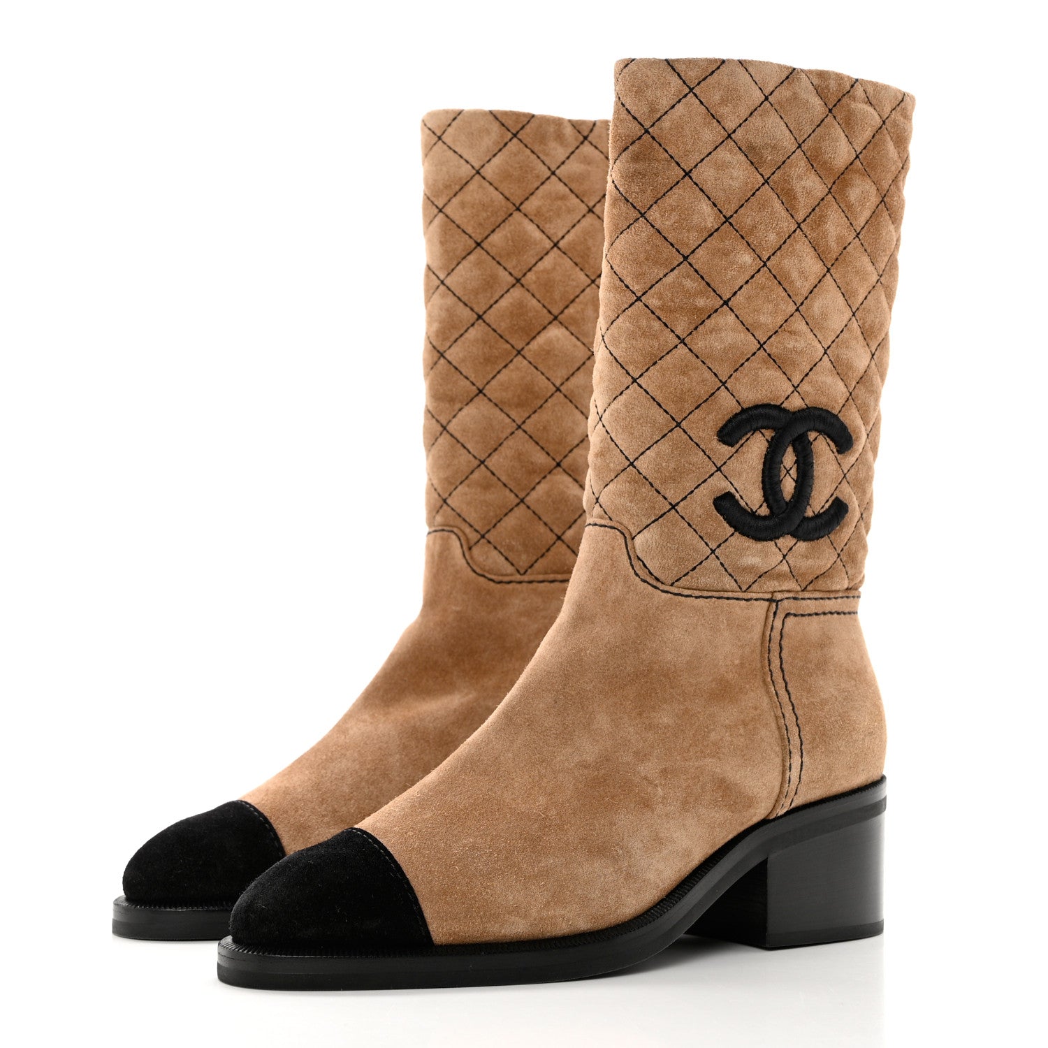 Chanel Suede Quilted CC High Boots 35.5 Dark Beige Black 3 of 8