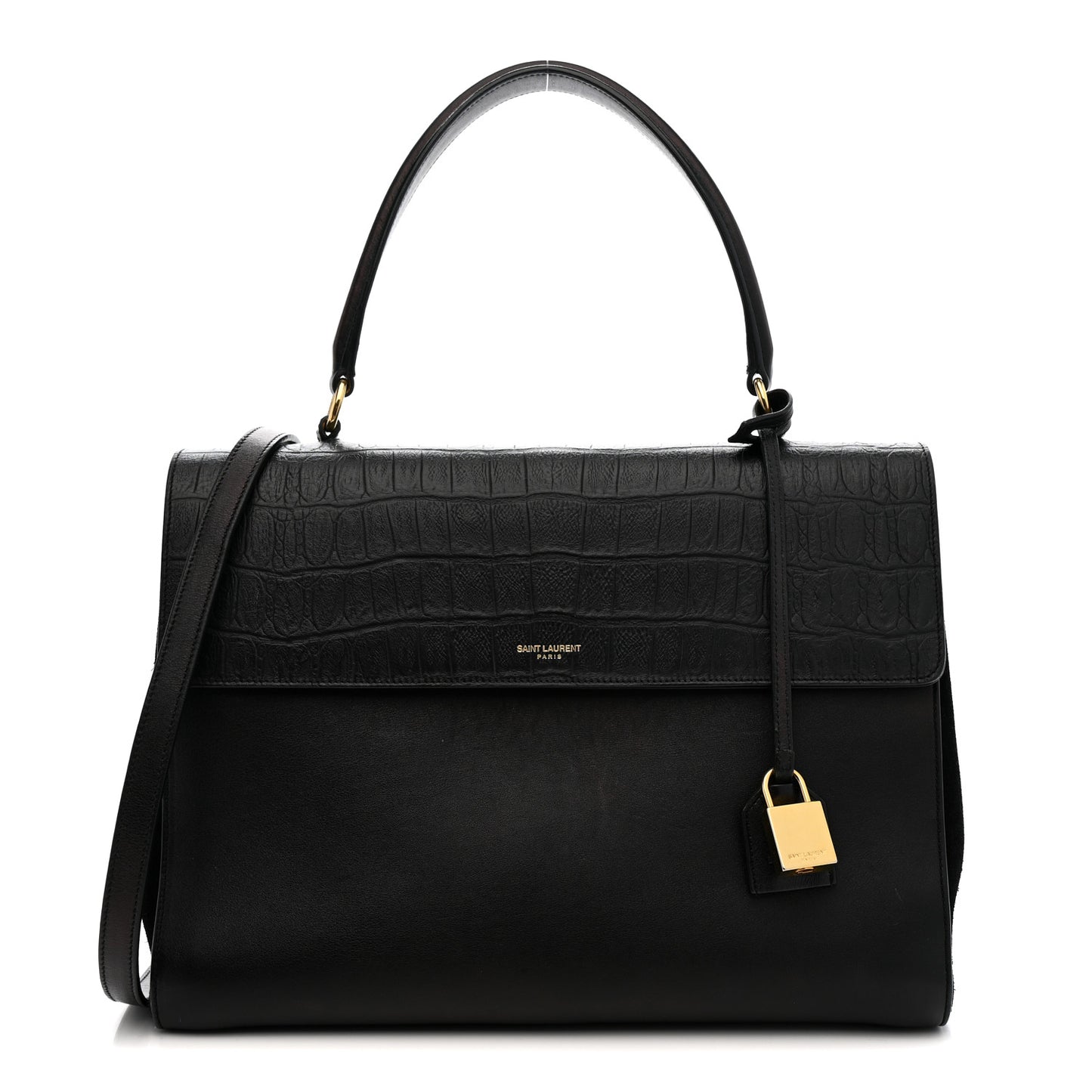 Calfskin Crocodile Embossed Medium Moujik Top Handle Bag Black