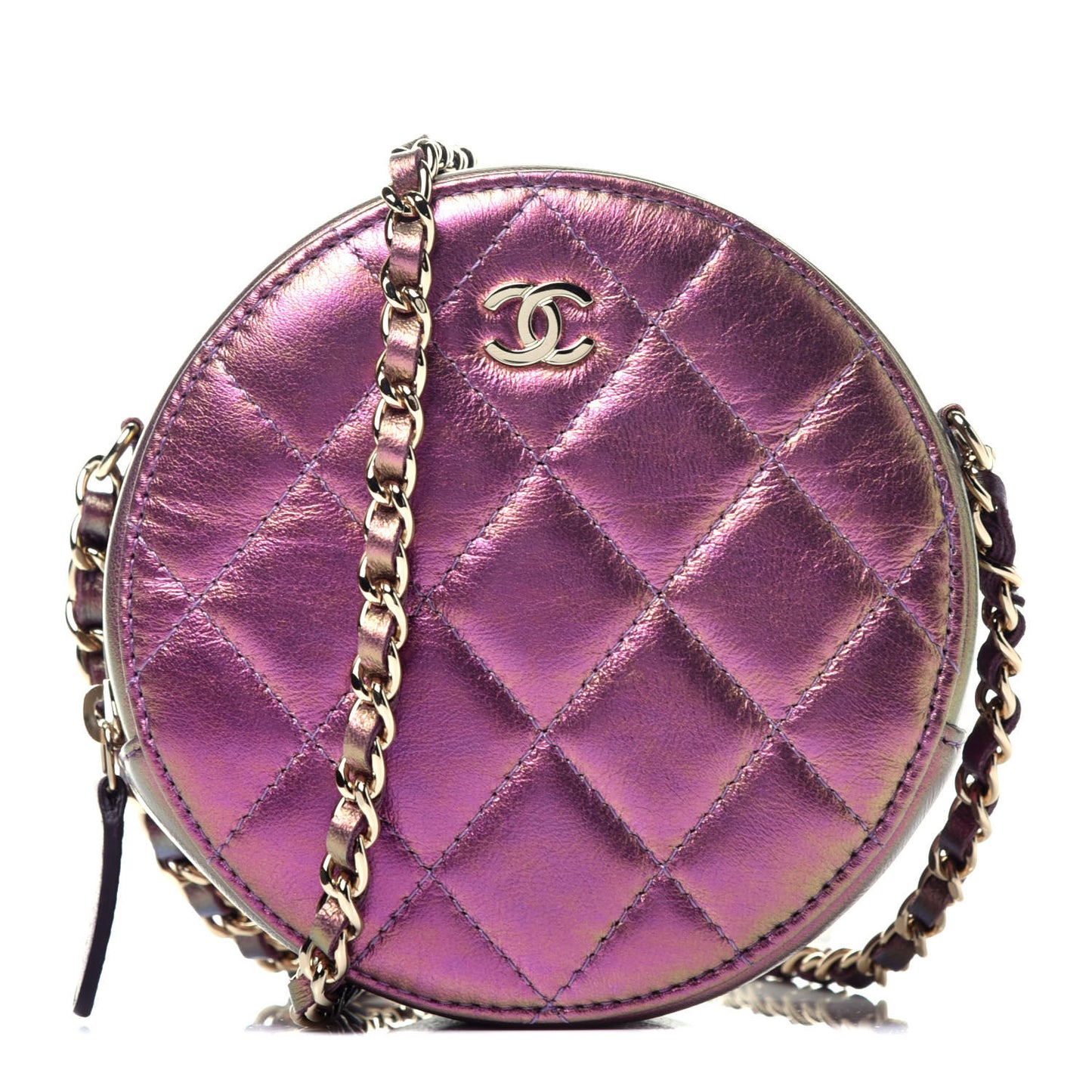Iridescent Lambskin Quilted Round Clutch With Chain Purple