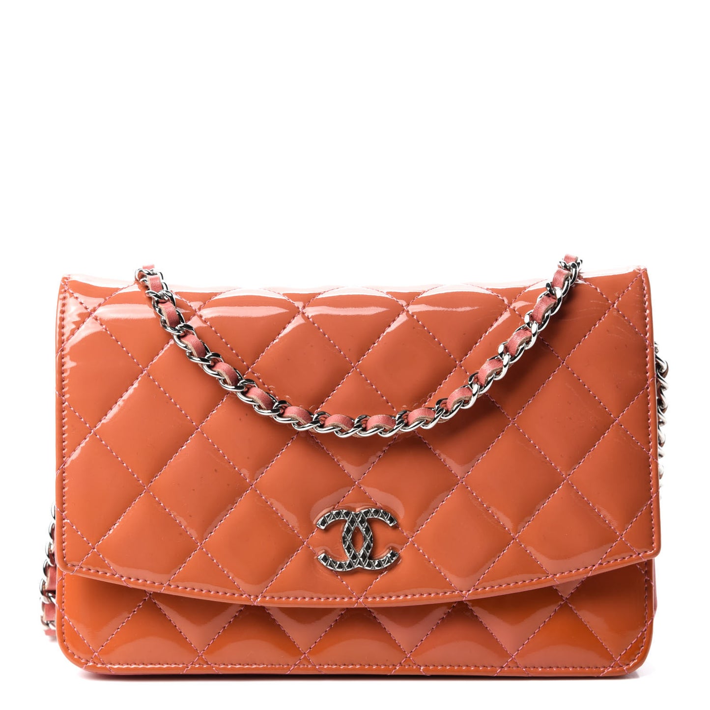 Patent Quilted Brilliant Wallet On Chain WOC Orange