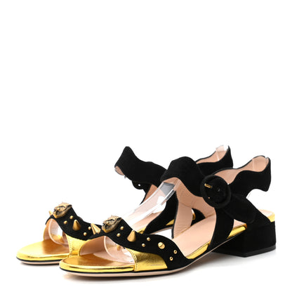 Gucci Metallic Nappa Suede Tiger Head Sandals 36 Black Gold 3 of 8